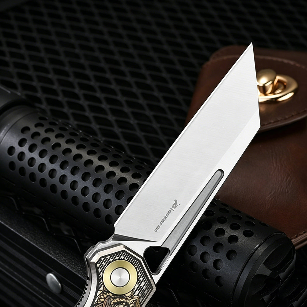 D2 Titanium EDC Folding Knife | Color Engraved & Stonewashed Finish | Outdoor Pocket Knife