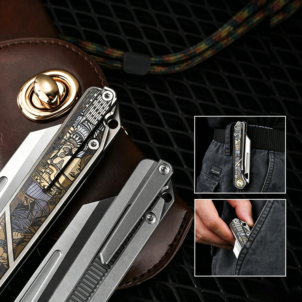 D2 Titanium EDC Folding Knife | Color Engraved & Stonewashed Finish | Outdoor Pocket Knife