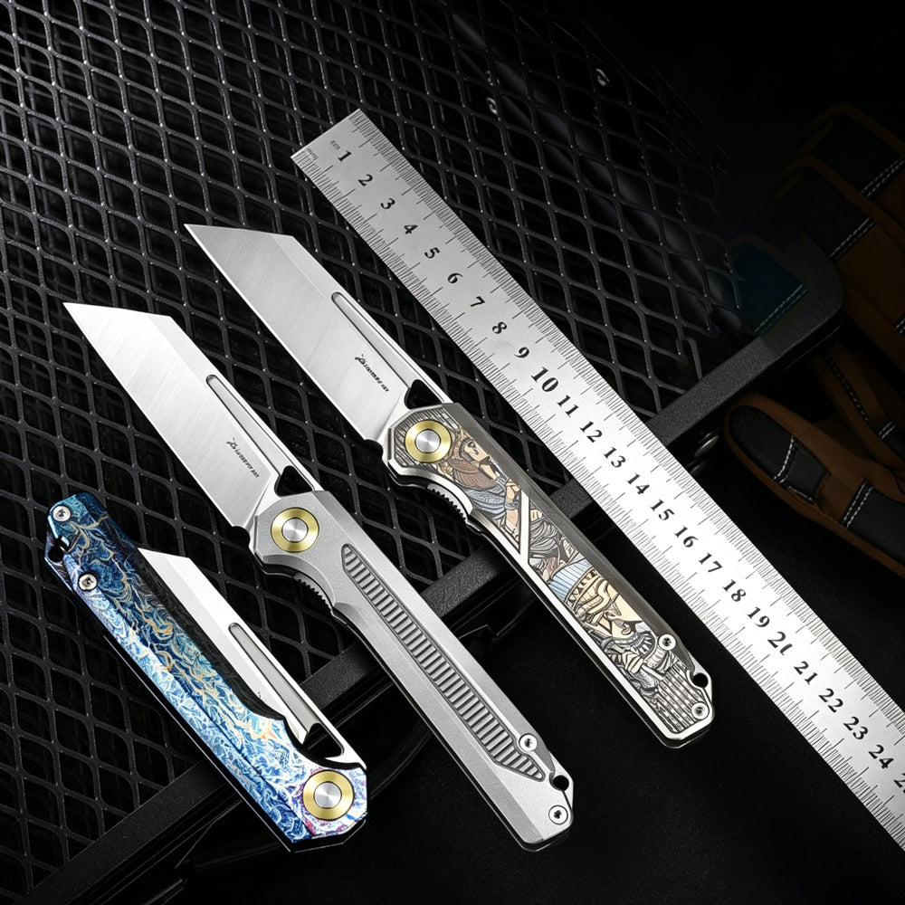 D2 Titanium EDC Folding Knife | Color Engraved & Stonewashed Finish | Outdoor Pocket Knife